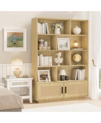 5-Tier Boho Bookcase with Rattan Doors – Tall Wooden Bookshelf with Open Shelves for Living Room or Bedroom