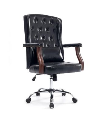 Vintage Wingback Swivel Executive Chair with Thick Cushion, Adjustable Recline, and Wood Base