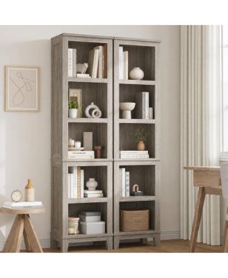 5-Tier Narrow Bookcase - 71" Tall Bookshelf with Adjustable Shelves and Wooden Legs, Farmhouse Shelf for Living Room or Office, Set of 2