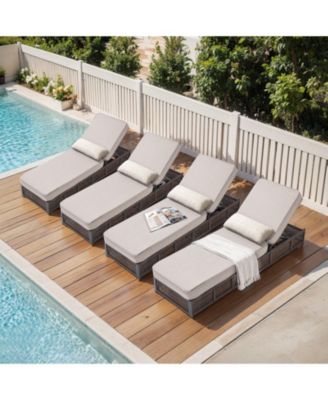 Set of 4 Patio Chaise Lounge Chair, Wicker Chaise Lounge Outdoor Reclining Chair with Adjustable 5-Position, 5-inch Cushion and Lumber Pillow