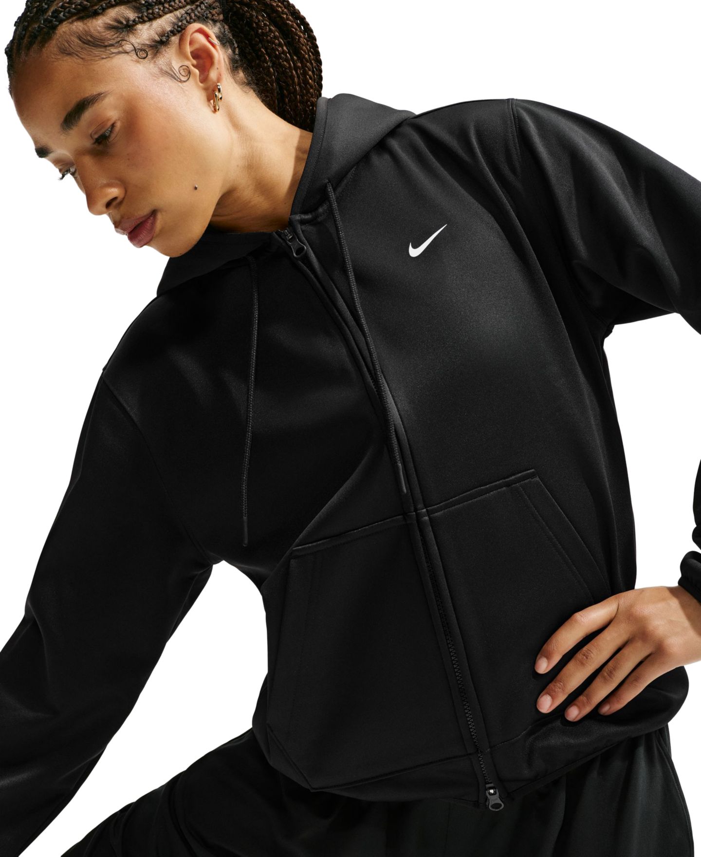 Женское худи Nike Studio Fleece Therma-FIT Full-Zip, цвет: Чёрный / Белый — фото 7