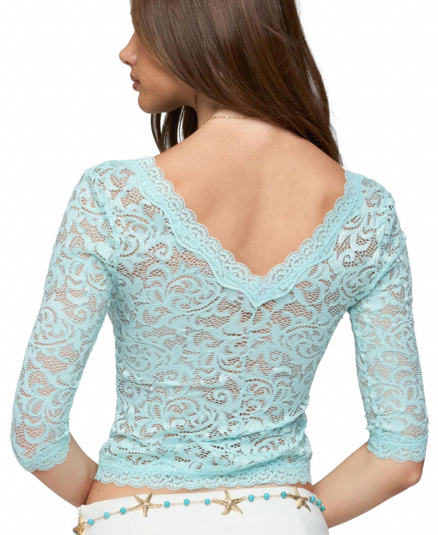 Женский топ Edikted Elowin Sheer Lace V Neck, цвет: Аквамариновый — фото 2
