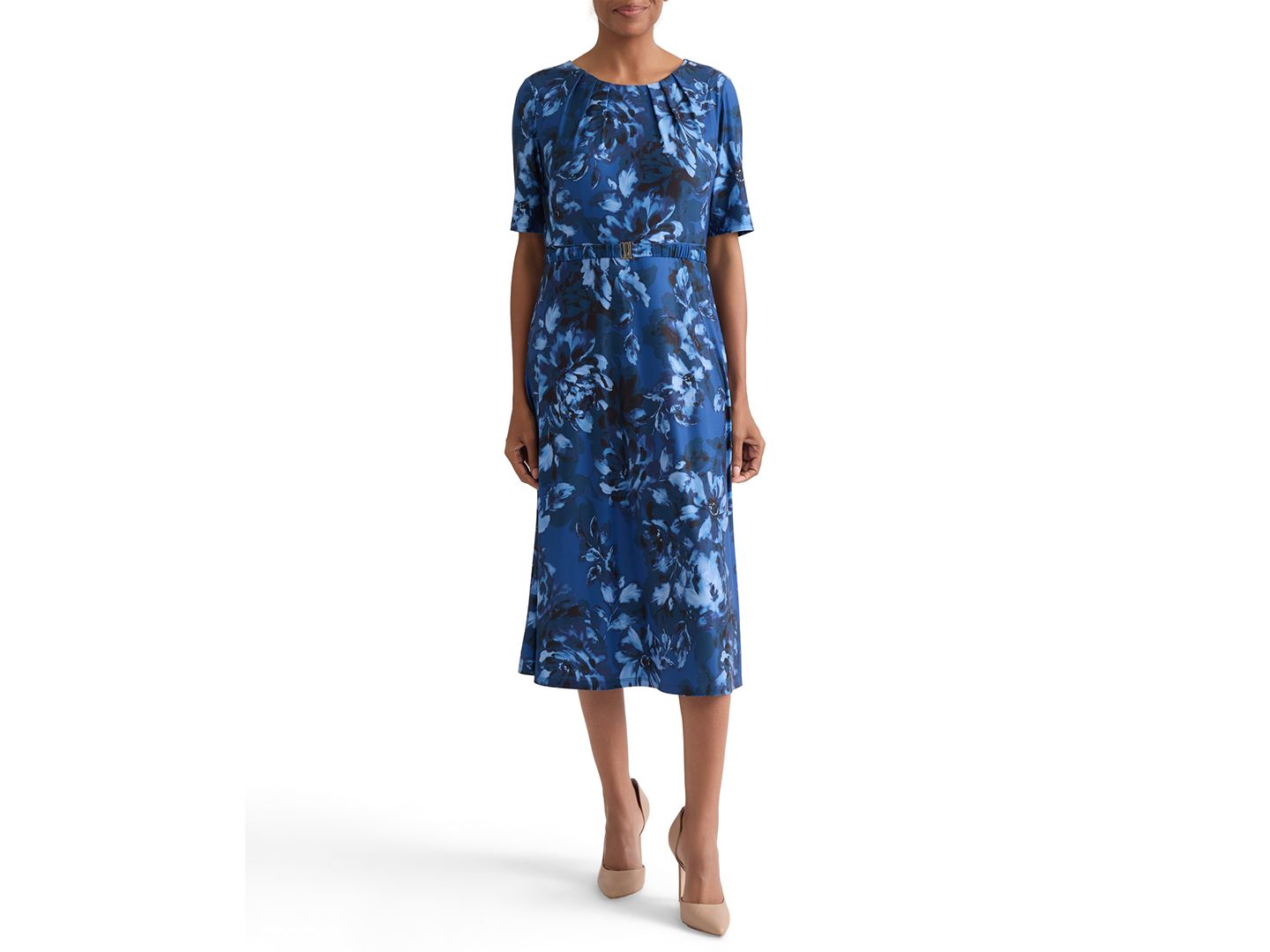 Женское платье Kasper Pleat-Neck Belted Short-Sleeve Dress, цвет: Синий ночной разноцветный — фото 4