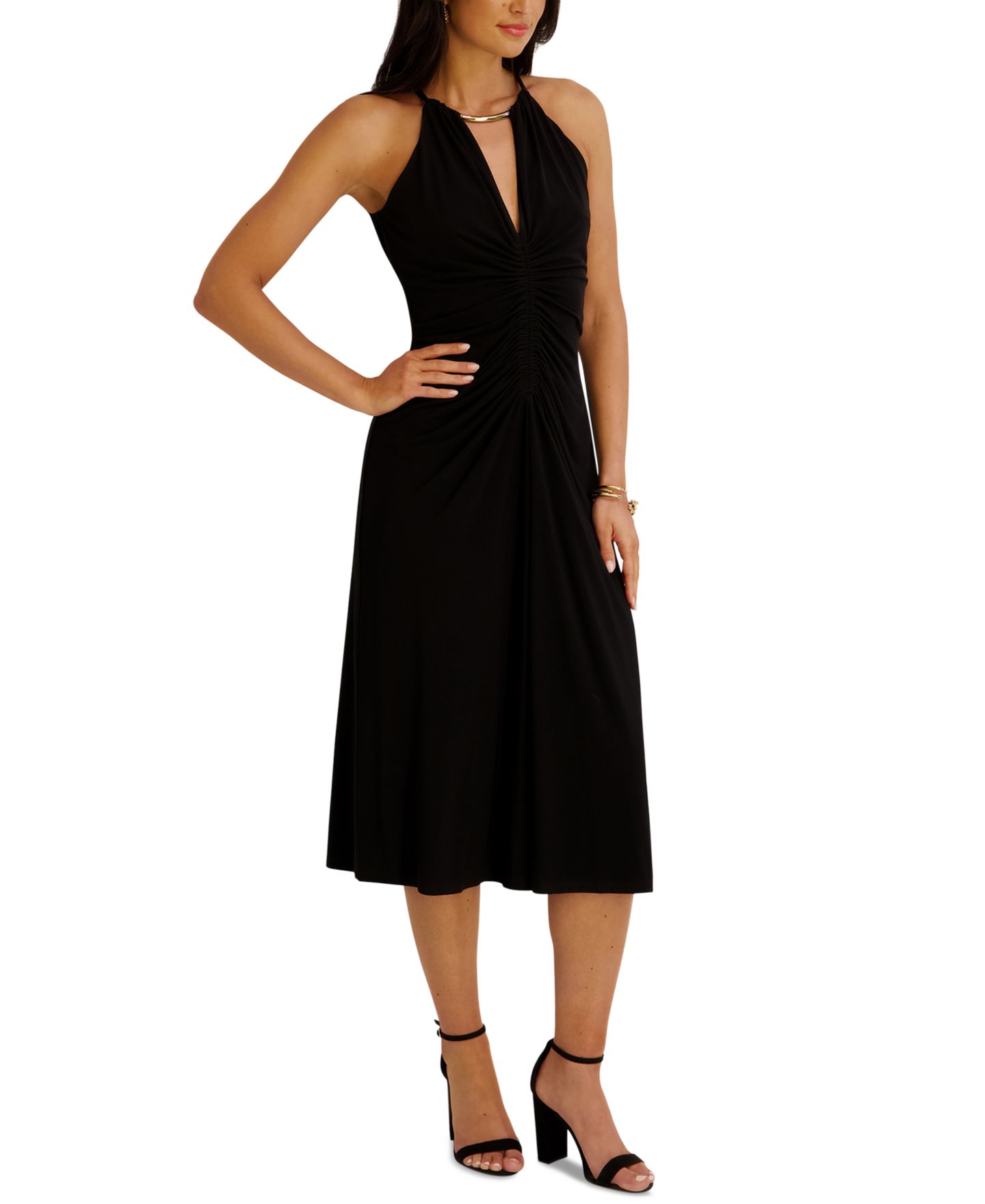Женское платье Siena Ruched Halter V-Neck Midi, цвет: Чёрный — фото 3