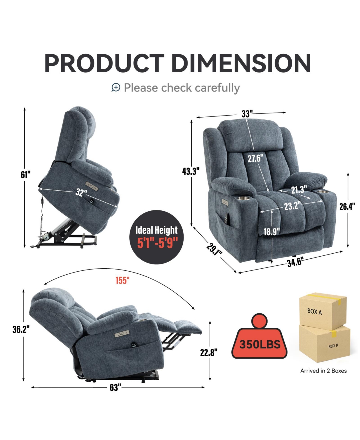 Clihome Up to 350 Lbs Chenille Power Lift Recliner Chair, Heavy Duty Motion Mechanism with 8-Point Vibration Massage