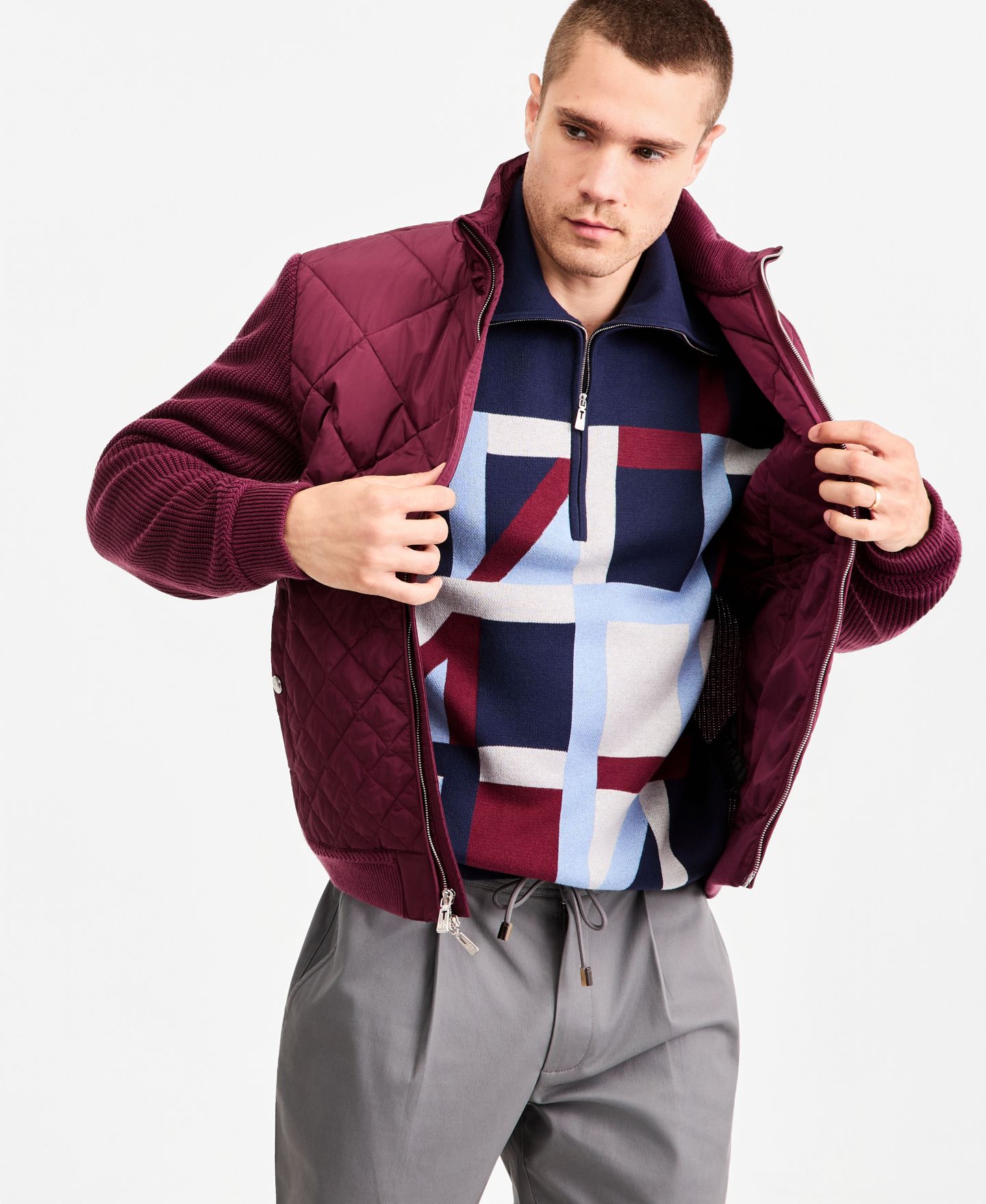Мужские комплекты Ted by Ted Baker Holborn Quilted Sweater Jacket, Hanover Quarter-Zip Geometric Sweater & Hampstead Modern-Fit Chino Solid Pants, цвет: Чёрный — фото 3