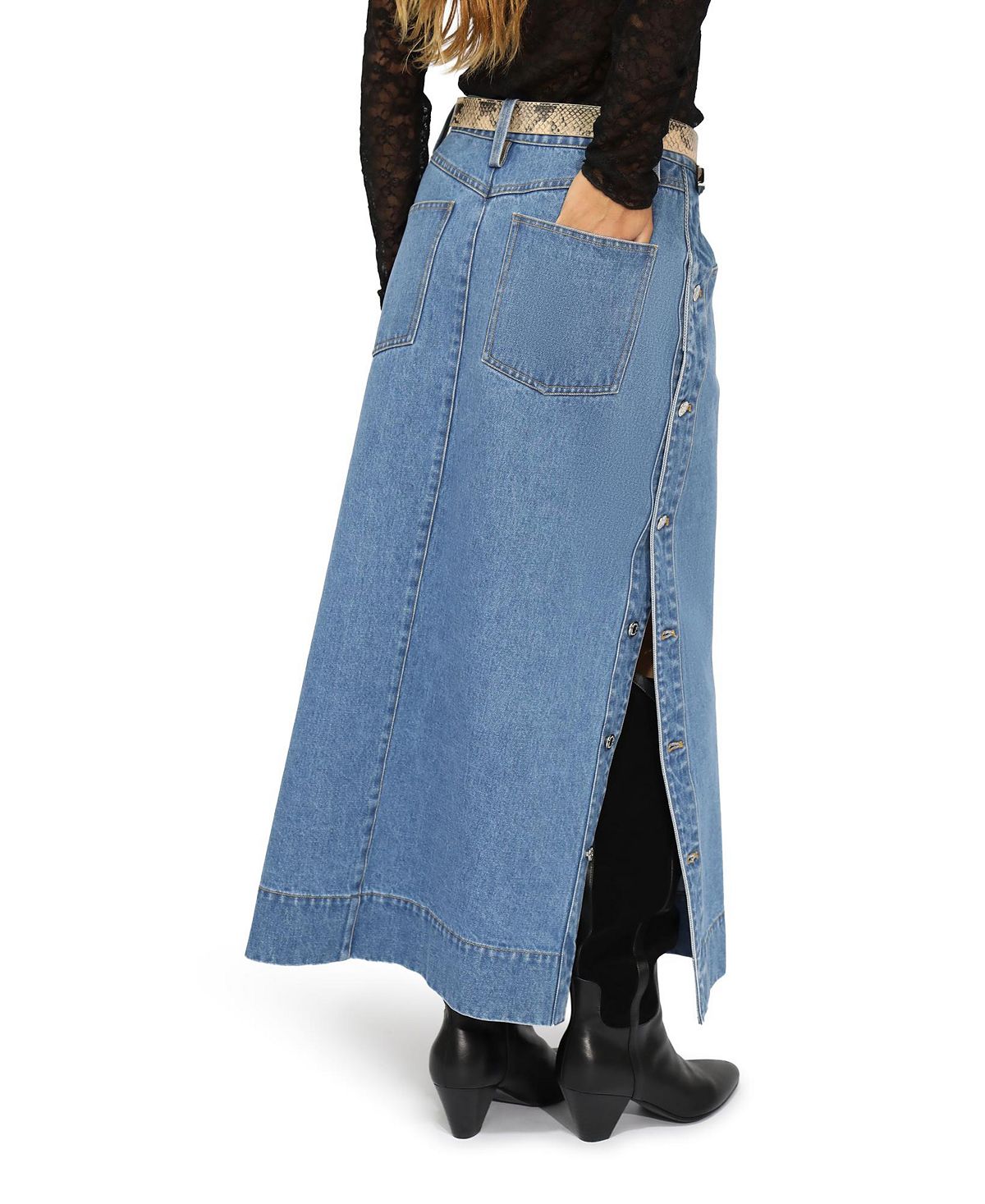 Belle & Bloom Women's Edge Line Denim Maxi Skirt with Side Buttons view 4 — MAYCSS fashion products
