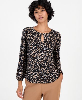 Petite Long-Sleeve Keyhole Blouse