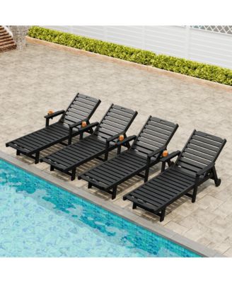 Patio Chaise Lounge Set of 4, HDPE Lounge Chair with Rolling Wheels, Cup Holder, 5-Position Backrest, All-Weather Lounger for Poolside