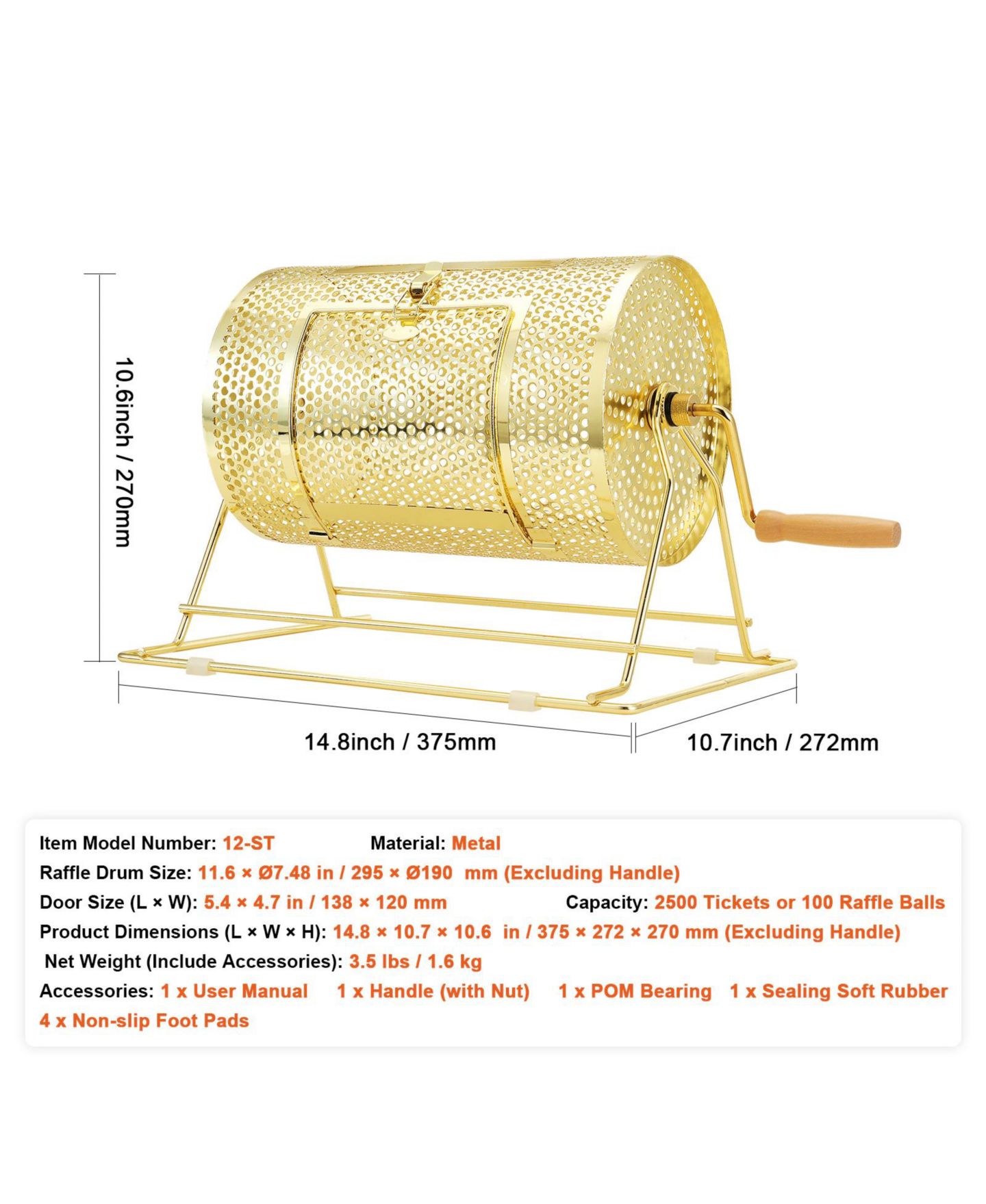 Детские игрушки VEVOR Brass-Plated Raffle Drum Holds 2500 Tickets, Ages 7+, цвет: Яркий жёлтый — фото 7