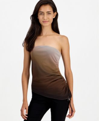 Juniors' Strapless Ruched Asymmetrical Hem Tube Top