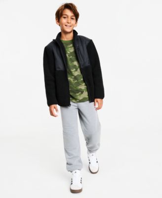 Boys' XS-XL Faux-Sherpa Jacket, Camo-Print T-Shirt & Fleece Jogger Pants