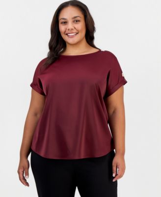 Plus Size Satin Short-Sleeve Shoulder Button Detail Blouse