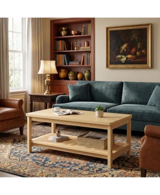 Two-Tier Rectangular Coffee Table with Perforated Lower Storage Shelf, Minimalist Frame Design Multi-Purpose Accent Table for Living Room