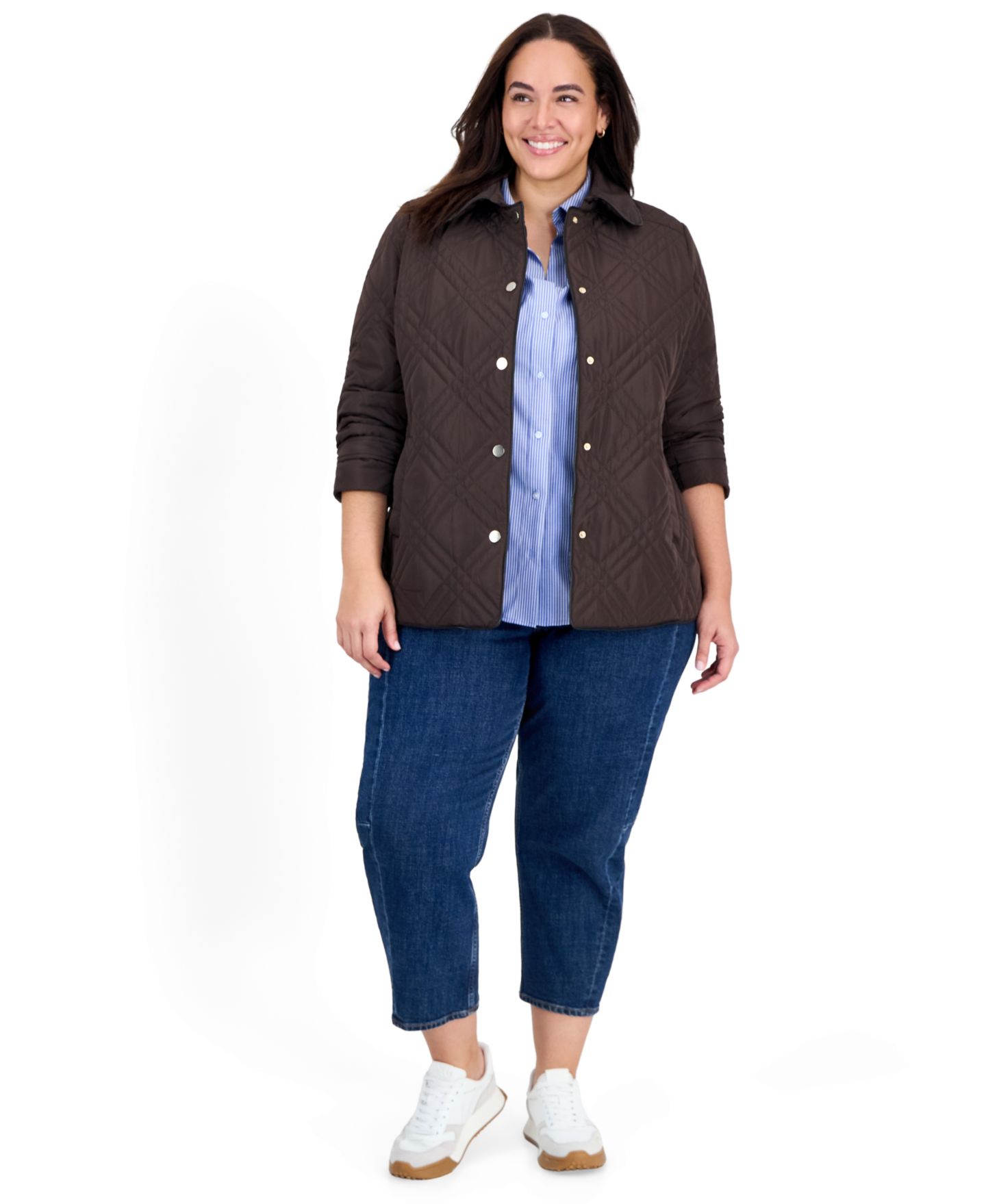 Женская куртка Jones New York Plus Size Triple-Diamond Quilted Faux-Leather Piping, цвет: Кофейный / Чёрный — фото 2