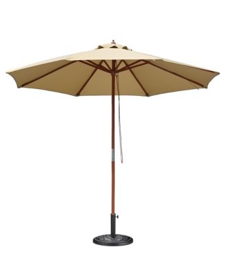 9FT Solid Wood Patio Umbrella w/ Retro Base Pulley Lift for Resort Outdoor Event Decor Rental Wedding Party Tan