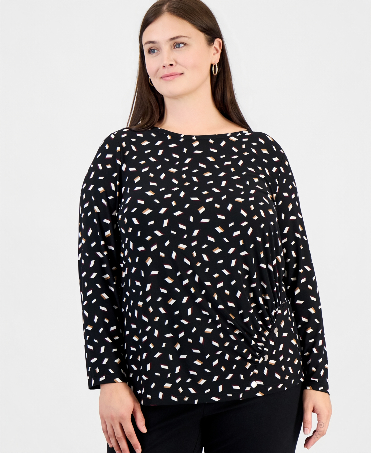 Anne Klein Essentials Plus Size Long-Sleeve Boat-Neck Ruched Blouse - Anne Black Multi