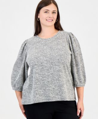 Plus Size Crew Neck Boucl&eacute; 3/4-Length Balloon Sleeve Sweater