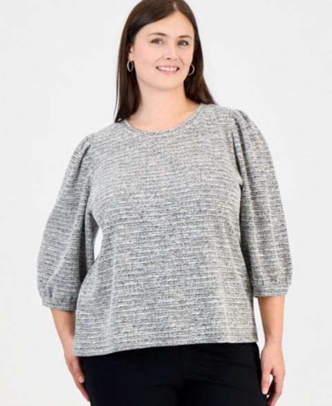 Женский свитер Anne Klein Essentials Plus Size Crew Neck Shine Bouclé 3/4-Length Balloon Sleeve, цвет: Чёрный / Белый