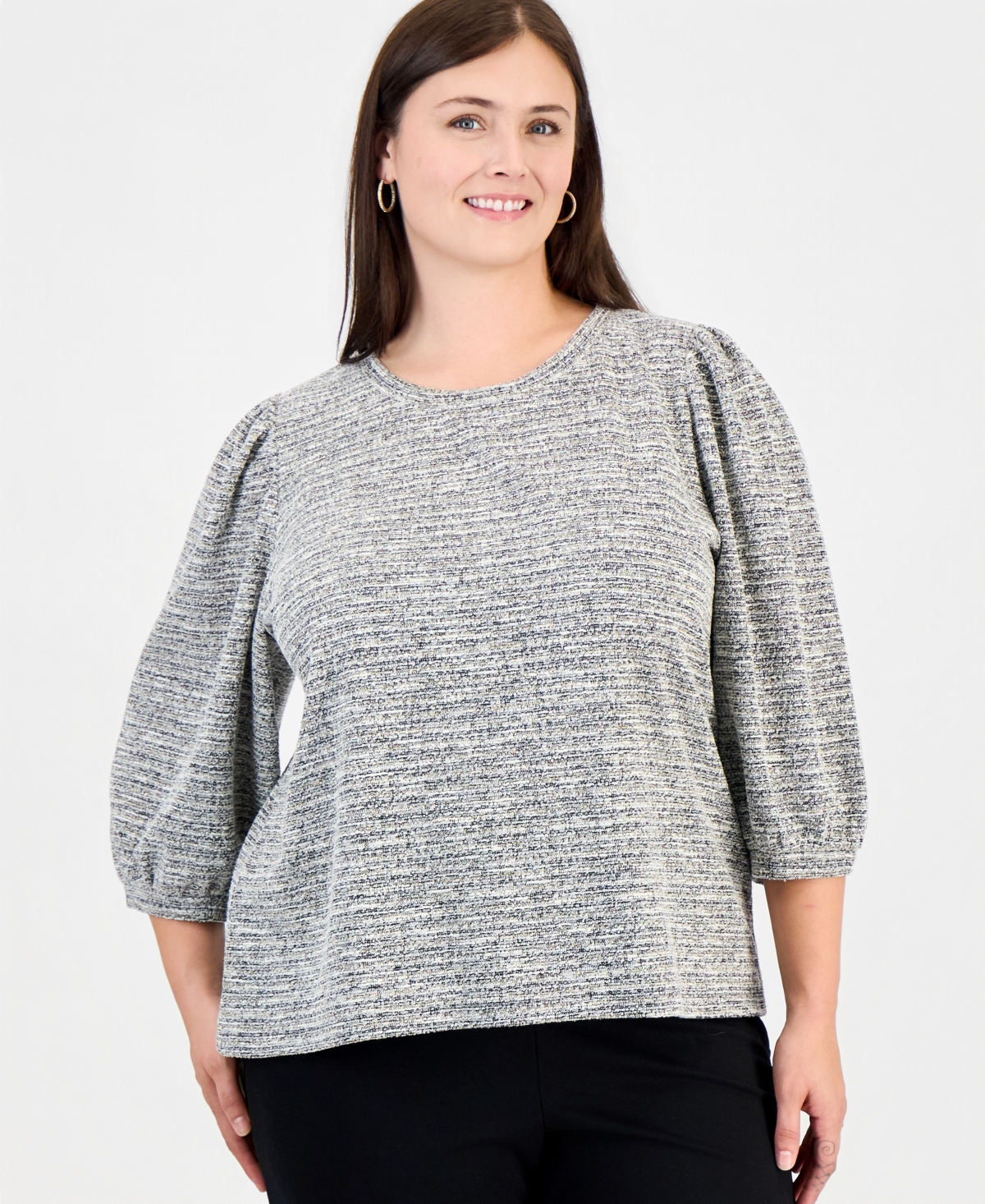 Anne Klein Essentials Plus Size Crew Neck Shine Boucle 3/4-Length Balloon Sleeve Sweater - Anne Black / White Dove