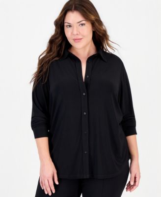 Plus Size Long-Sleeve Button-Up Blouse