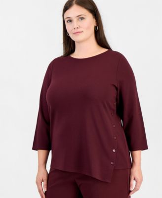 Plus Size Asymmetrical Button Serenity Knit 3/4-Sleeve Boat-Neck Tunic