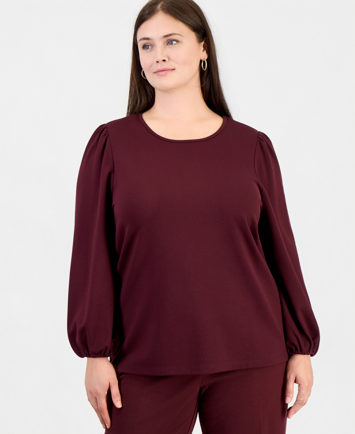 Anne Klein Essentials Women's Plus Size Serenity Puff-Sleeve Crewneck Knit Blouse - Barolo