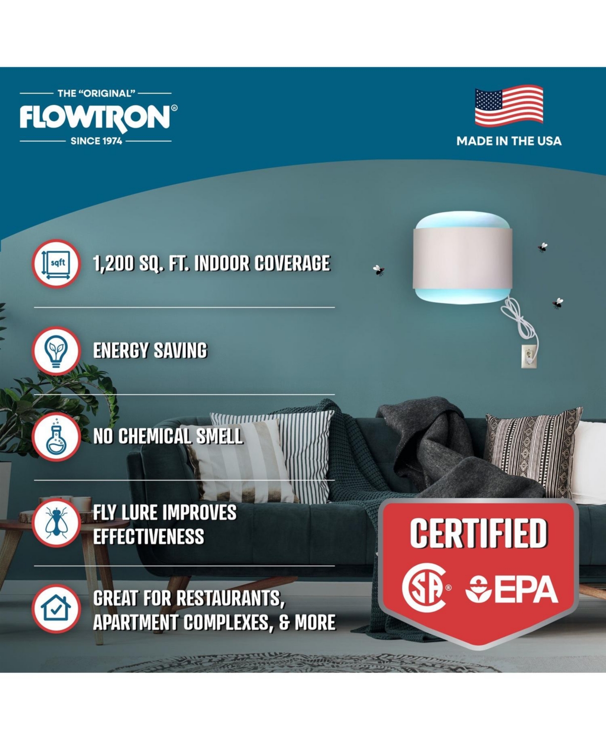 Flowtron 1200 sq.ft Indoor Sconce Fly Killer, 80W Indoor Insect Control with Dual Lure Method