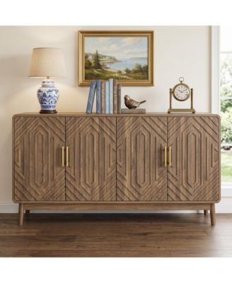 Sideboard Buffet Cabinet, Carved 4-Door Accent Cabinet with Adjustable Shelf