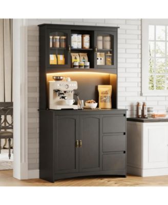 Kitchen Pantry Cabinet with LED Lights and Charging Station, 71" Tall Kitchen Hutch Storage Cabinet with Countertop, 3 Drawers, 4 Doors