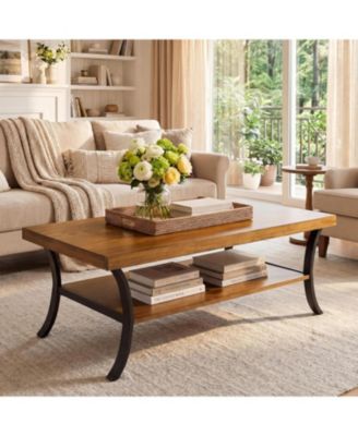 Farmhouse Coffee Table: 2-tier rectangular wood with storage shelf and curved metal legs. 47" center table for living room, home office