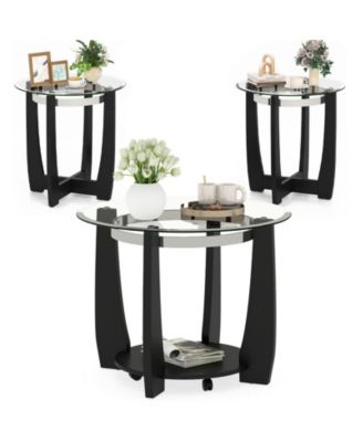 Tempered Glass Coffee Table Set of 3, 2-Tier Coffee Table and 2 Round End Tables