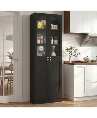 80" Tall Kitchen Pantry Arch Storage Cabinet with Tempered Glass Doors