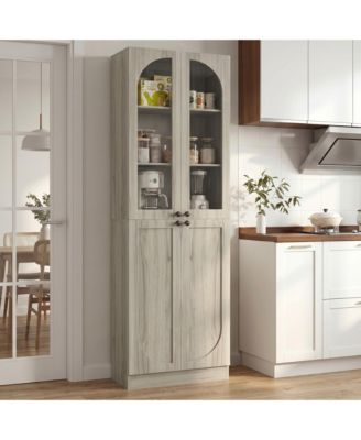 80" Tall Kitchen Pantry Arch Storage Cabinet with Tempered Glass Doors