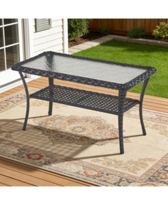 Outdoor Coffee Table with Storage Wicker Patio Coffee Table, Tempered Glass Top Coffee Table for Patio Outside Balcony Porch Deck