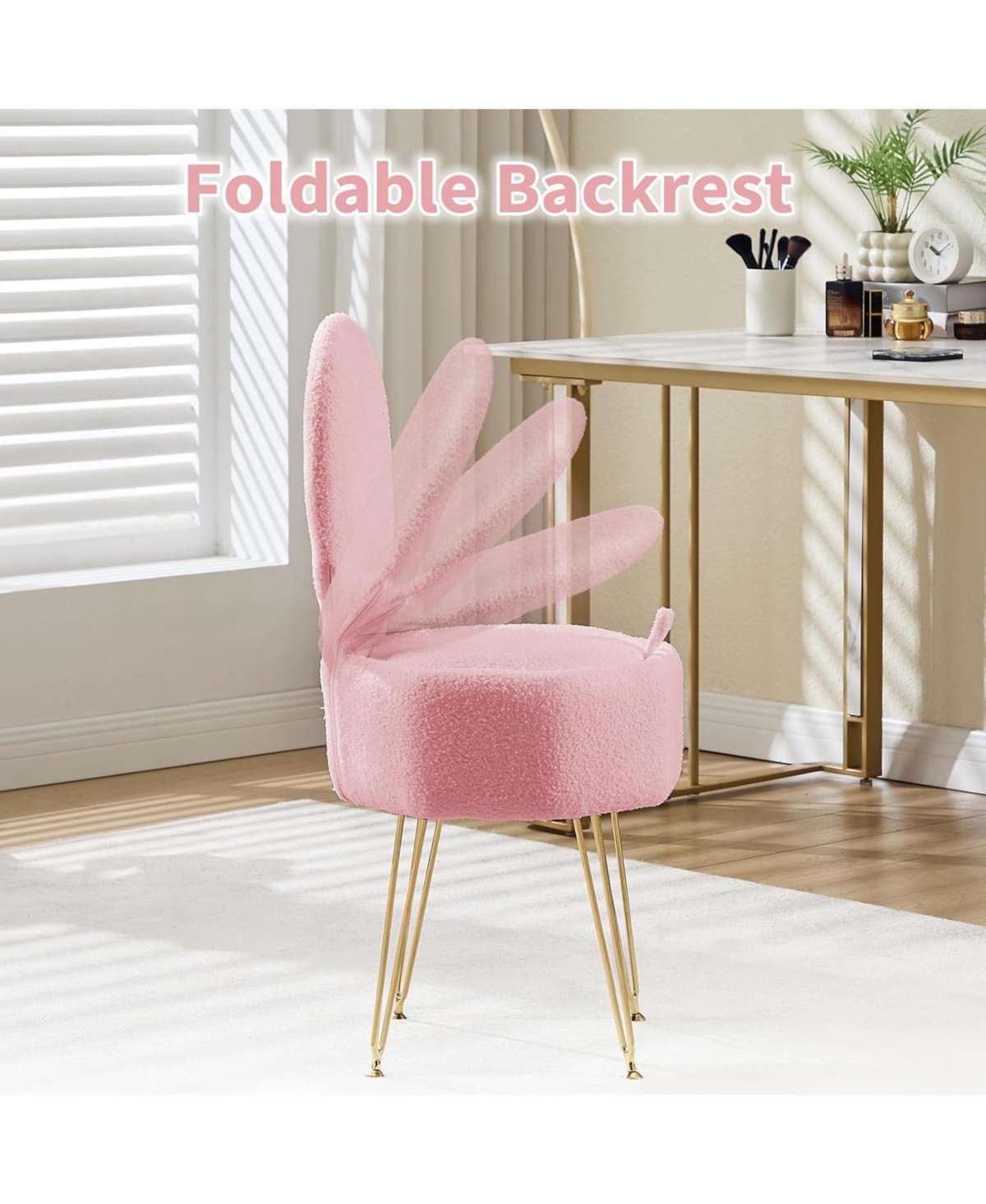 homfan Vanity Stool Chair with Pillow, Foldable Backrest, Sherpa Fleece Makeup Hidden Storage and Metal Legs, Modern Accent