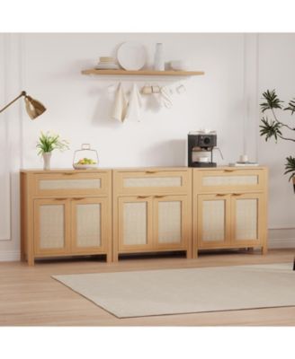 3-Piece Rattan Buffet Cabinet Farmhouse Sideboard with Adjustable Shelves and Drawers for Dining Room or Living Room