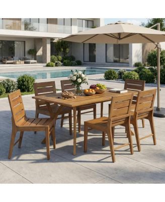 7-Piece Acacia Wood Outdoor Dining Set with Curved Legs Table and Slatted Chairs
