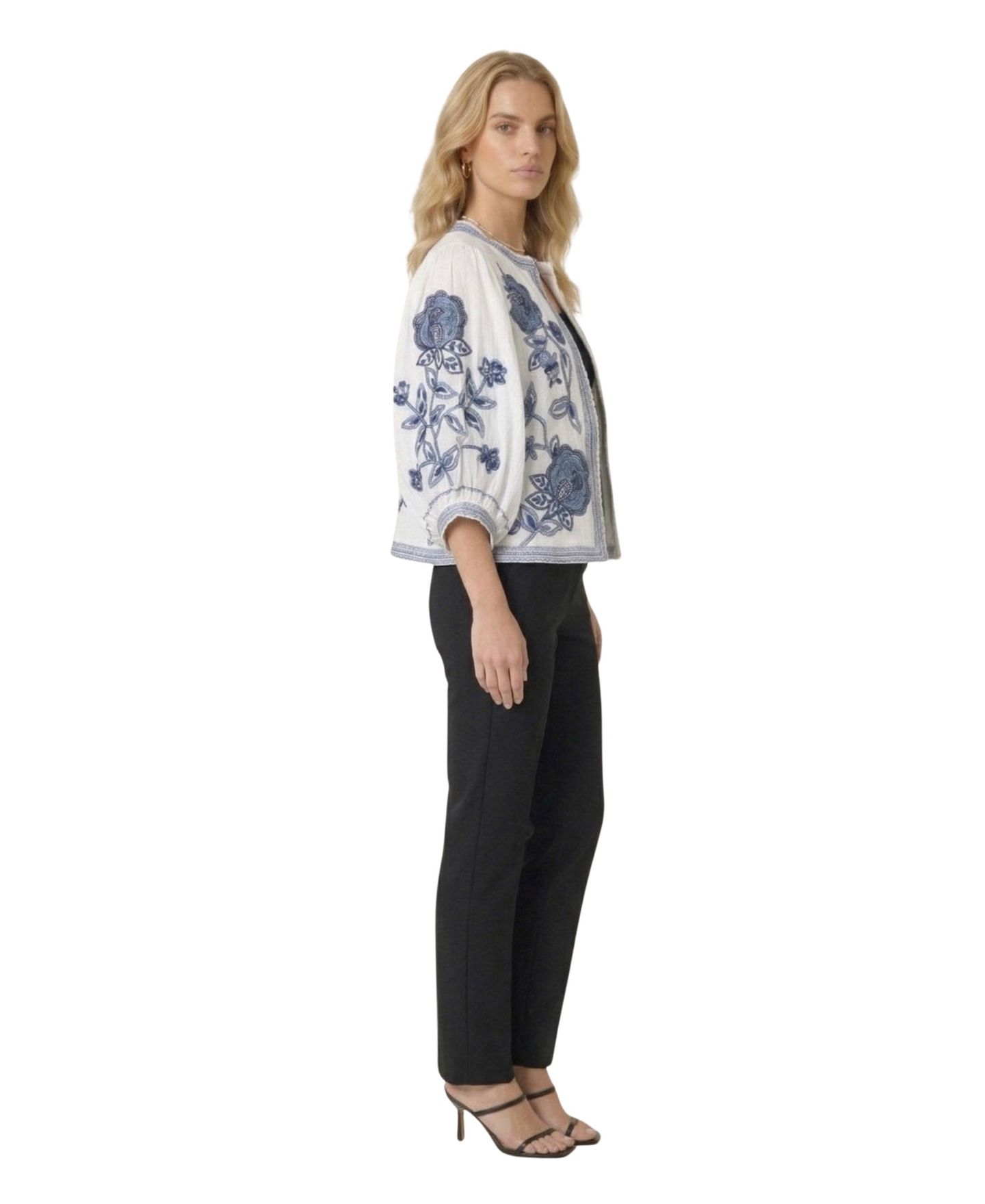 Женская куртка Modenaire Floral Embroidered Cropped Jacket, цвет: Белый / Синий — фото 4