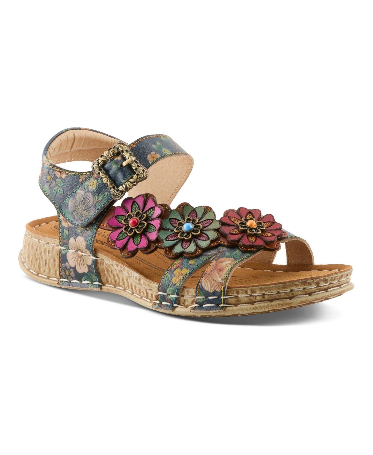 Женские сандалии L'Artiste Offcenter Ankle Strap Sandal with Painted Vamp, цвет: Тёмно-синий разноцветный — фото 1