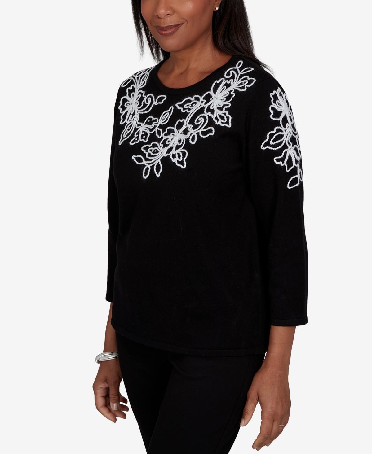 Alfred Dunner Petite Floral Scroll Soutache Sweater