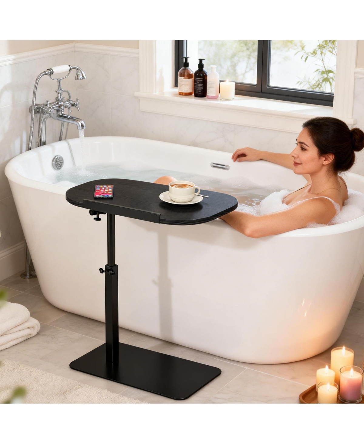 homfan Adjustable C-Shaped End Table - 360degree(s) Rotatable Sofa Armrest Tray, Heavy Metal Base Snack Table for Sofa, Bed or Study