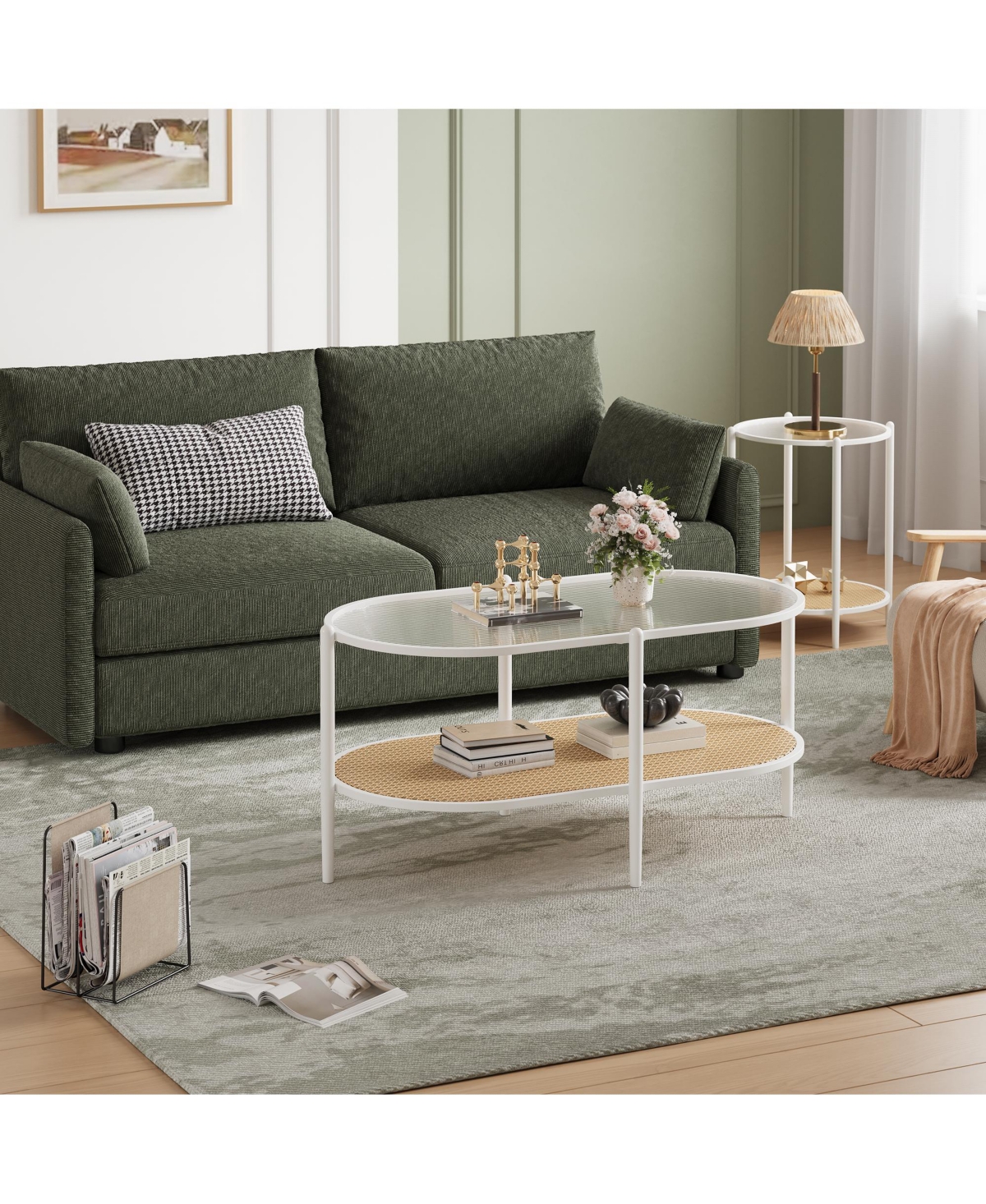 homfan Oval 2-Tier Coffee Table with Water-Wave Glass Top, Rattan Accent and Storage Shelf for Living Room