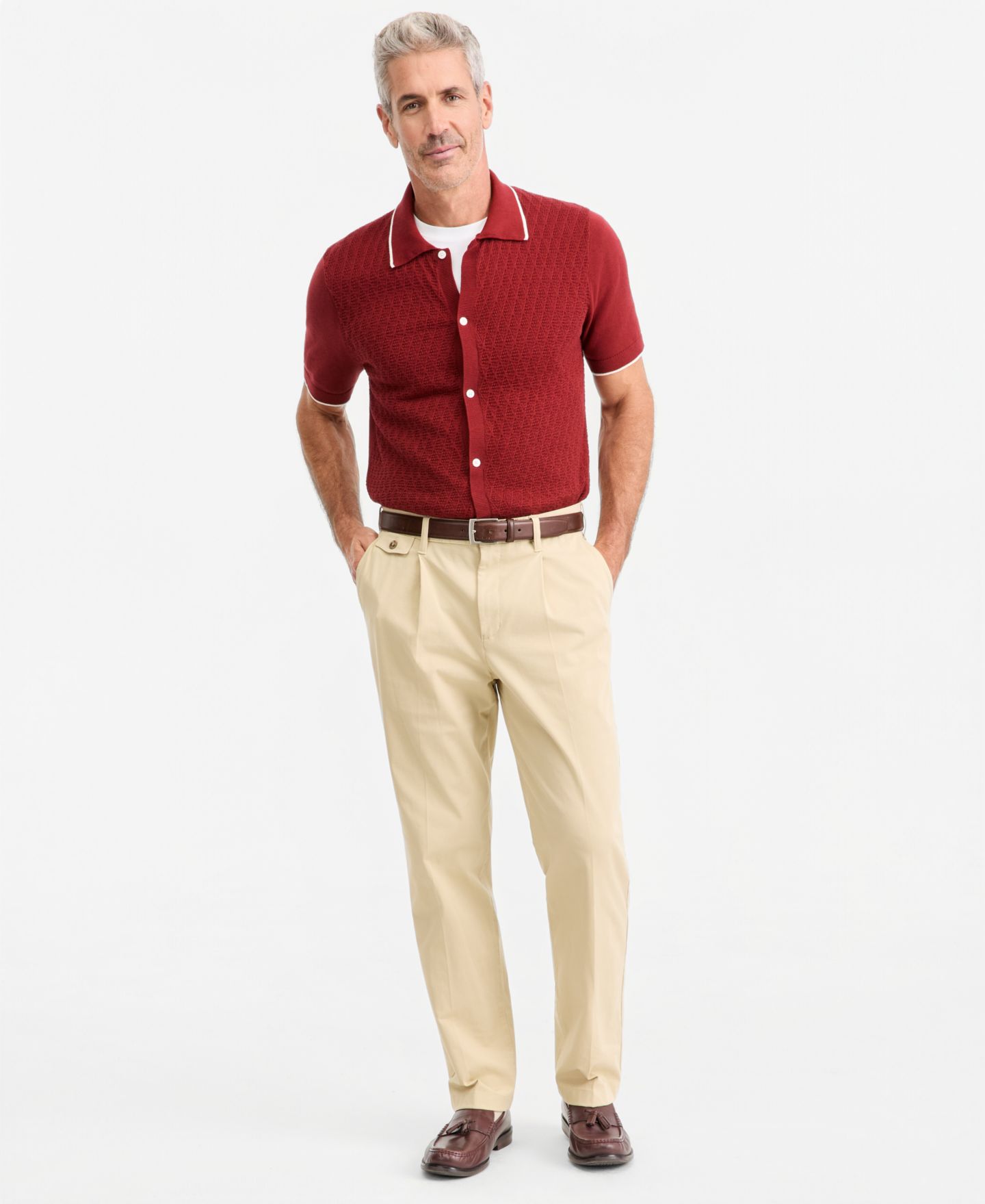 Мужской свитер Club Room Cable Knit Sweater Polo Shirt, цвет: Рубиновый — фото 2