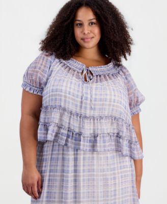 Trendy Plus Size Tie-Front Puff-Sleeve Top