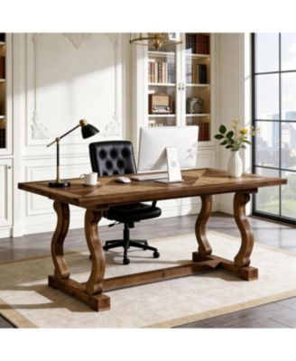 Solid Wood Executive Desk, 63" Large Computer Desk for Home Office, Farmhouse Rustic Wooden Workstations Business Office Furniture