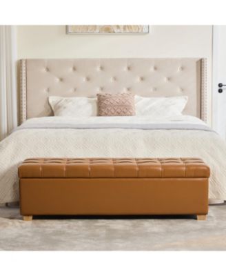 Ottoman with Storage, Faux Leather Upholstered End of Bed Bench with Safety Hinge, Tufted End of Bed Bench, for Living Room Bedroom