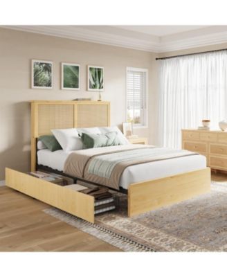 square rattan bed frame, 4 storage drawers, bohemian style LED bed, natural headboard, slatted support, no spring mattress required
