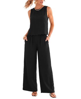 Women's Scalloped Edge Sleeveless Top and Wide-Leg Pants Set