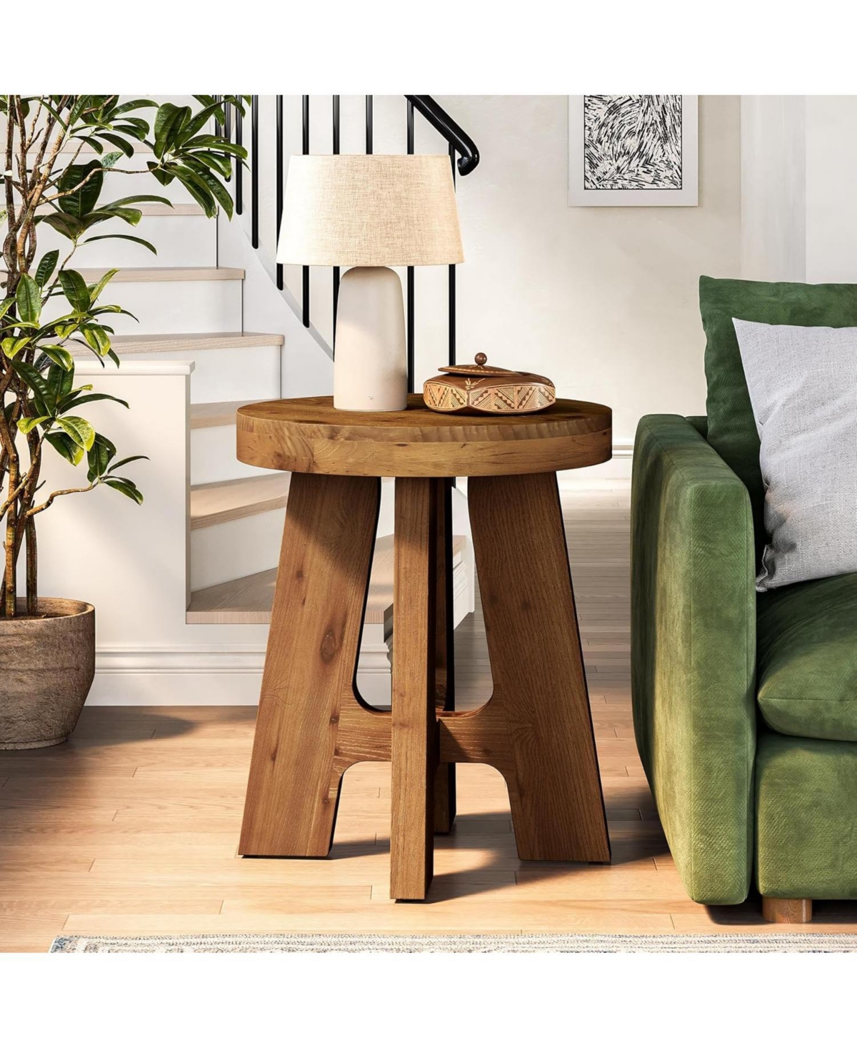Tribesigns Solid Wood End Table, Farmhouse Round Side Table for Couch, Rustic Side Table with Heavy-Duty Legs, Small Bedside Table